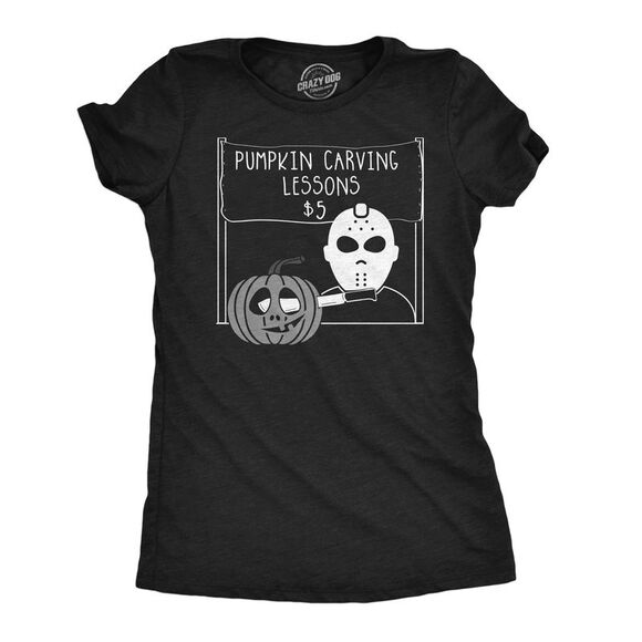 Crazy Dog T-Shirts Tops - Womens Pumpkin Carving Lessons Horror T Shirt Funny Halloween Shirt for Ladies